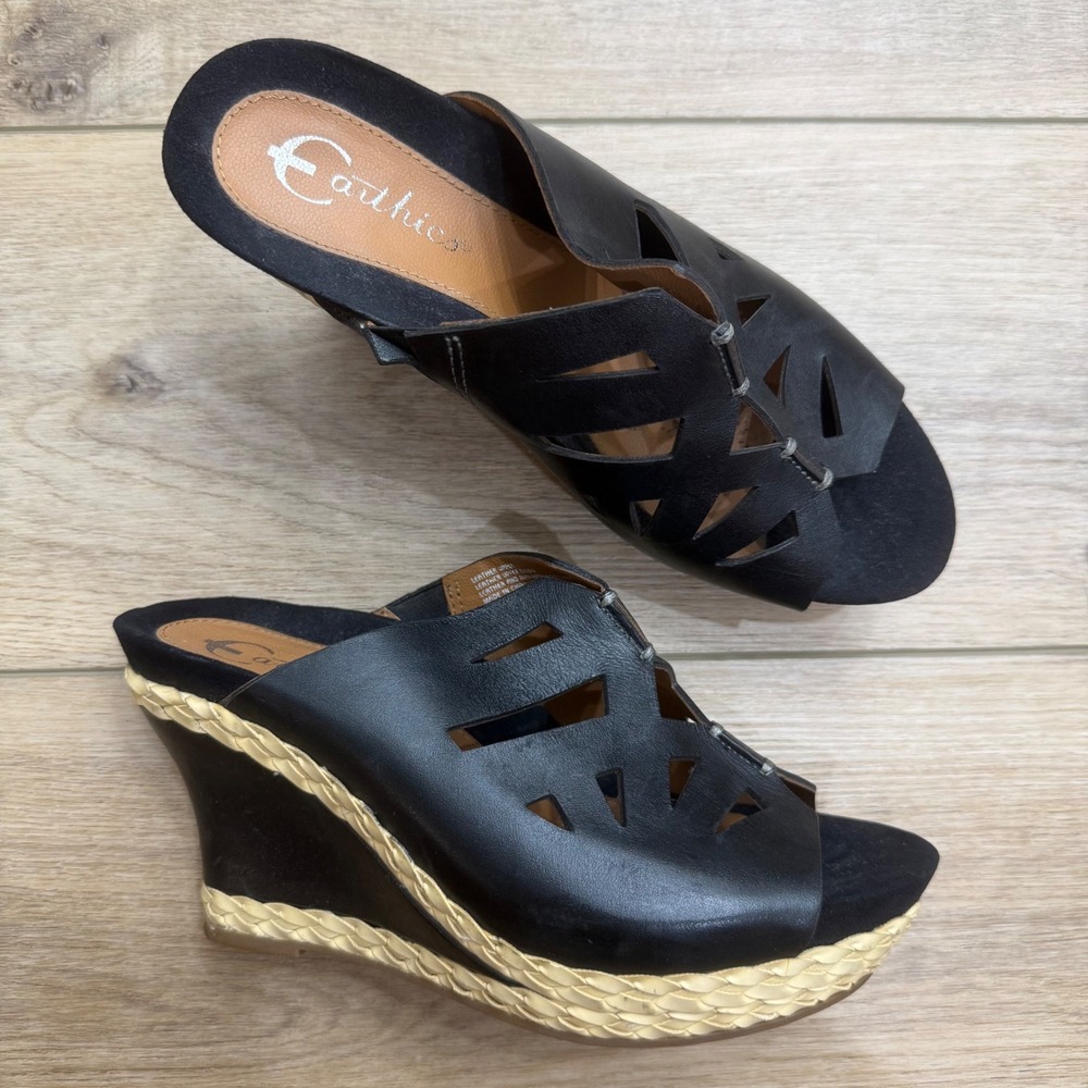 Earthies Setina Black Leather Cut Out Wedge Sandals Braided Trim Slide Mules 7